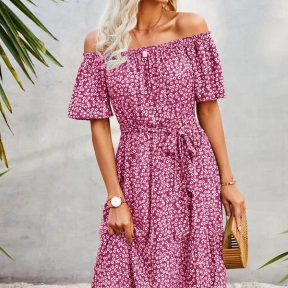 PINK off shoulder ruffle Floral maxi dress - Picture 6 of 6